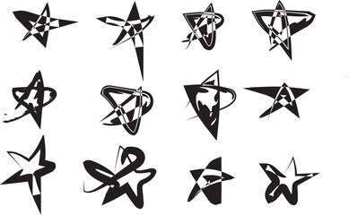 Fototapeta premium Set of abstract black star icons and modern dynamic geometric star shapes isolated on white background for creative design projects