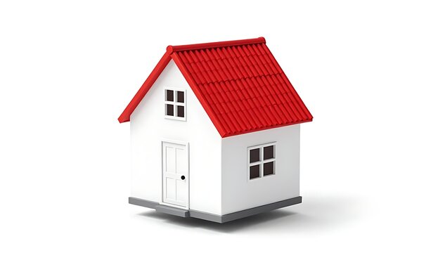 Small modern 3D model house with a bright red tiled roof, white walls, and clear windows isolated on a clean white background real estate and property concept