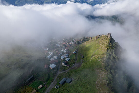 Medieval Towers of Tusheti Village Amid Clearing Clouds