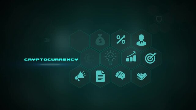 Cryptocurrency Financial Investment Concept featuring Digital Blockchain Technology Icons, Decentralized Token Trading, Virtual Wallet Analytics, and Corporate Market Growth Motion Graphic