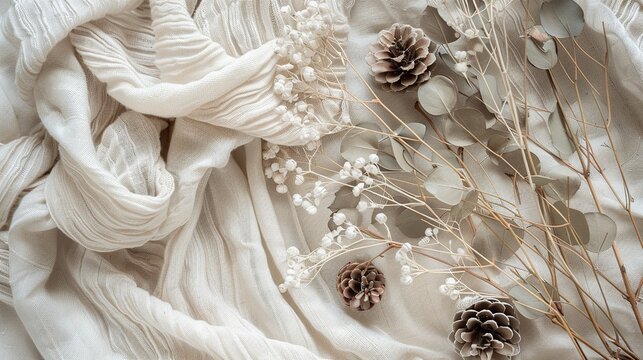 Neutral winter botanical flat lay background, dried eucalyptus branches, pinecones, and white winter florals resting on raw textured linen fabric, muted earthy tones, calm minimalist aesthetic