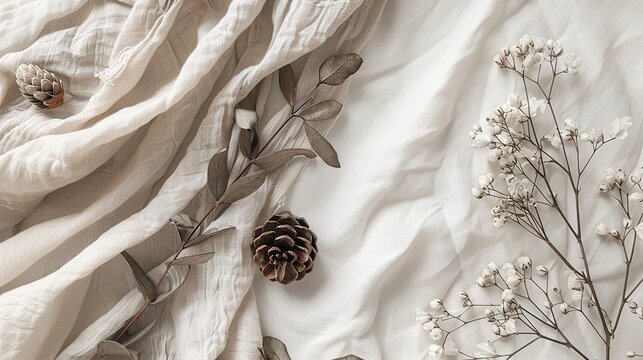 Neutral winter botanical flat lay background, dried eucalyptus branches, pinecones, and white winter florals resting on raw textured linen fabric, muted earthy tones, calm minimalist aesthetic