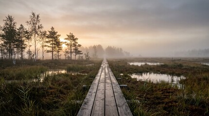 Fototapeta premium Scenic boardwalk through misty marshland at sunrise or sunset