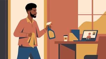 Fototapeta premium A man juggles household chores and remote work by cleaning his desk during a video conference, illustrating modern work-life integration