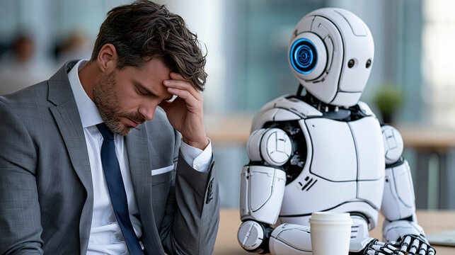 Stressed businessman sitting beside a calm humanoid robot in a modern office, artificial intelligence in the workplace, automation anxiety, future of work, human and AI