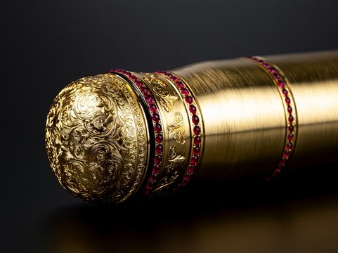Luxurious gold sport water bottle with intricate baroque engravings and ruby gemstones isolated on black background