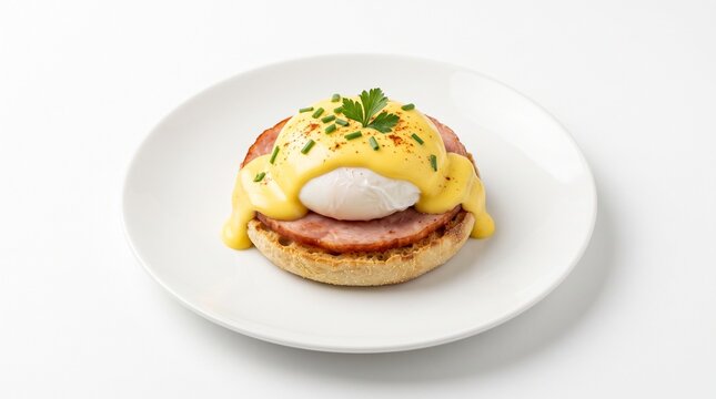 Classic eggs benedict with hollandaise sauce on a plate