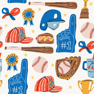 Baseball elements. Various items, equipment: glove, ball, helmet, uniform cap, bat, trophy, drink, hot dog. Hand drawn trendy Vector illustration. Square seamless Pattern, wallpaper