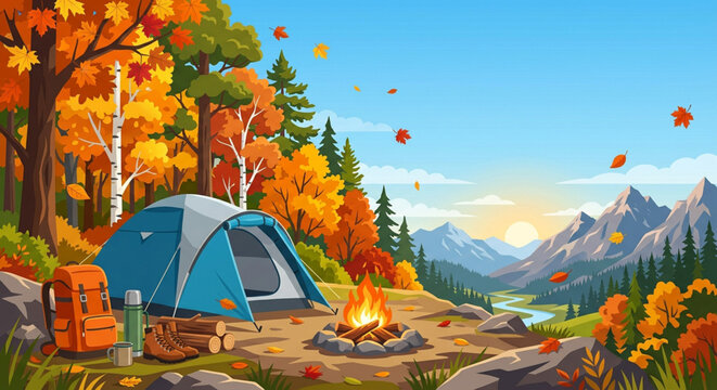 Autumn camping landscape with blue tent and campfire, fall forest mountain background, seasonal outdoor adventure vector illustration