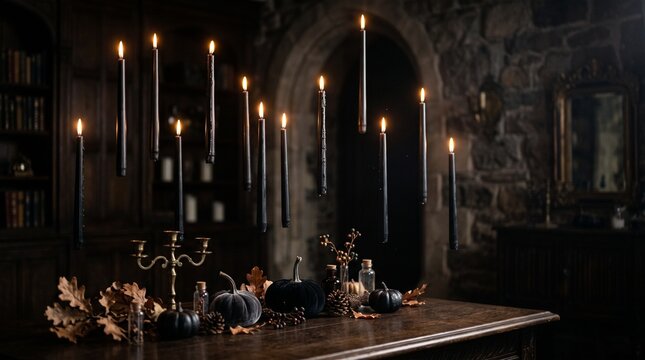 Levitating black candles above gothic table with velvet pumpkins and potion bottles, magical Halloween interior