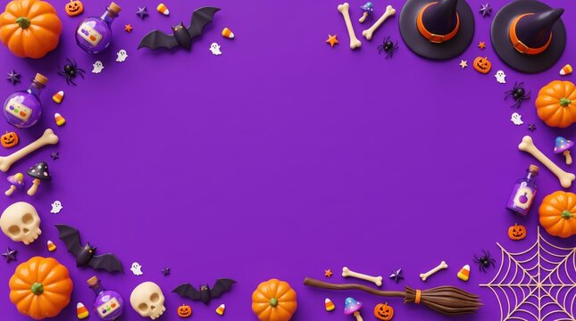 Flat lay, top-down view showcasing spooky halloween decorations forming an oval frame on a vibrant violet / purple background with copy space.