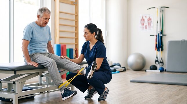Physiotherapist assisting senior patient with physical therapy rehabilitation exercise