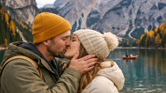 Romantic couple kissing at mountain lake in autumn wearing warm hats for travel and love lifestyle background photograph