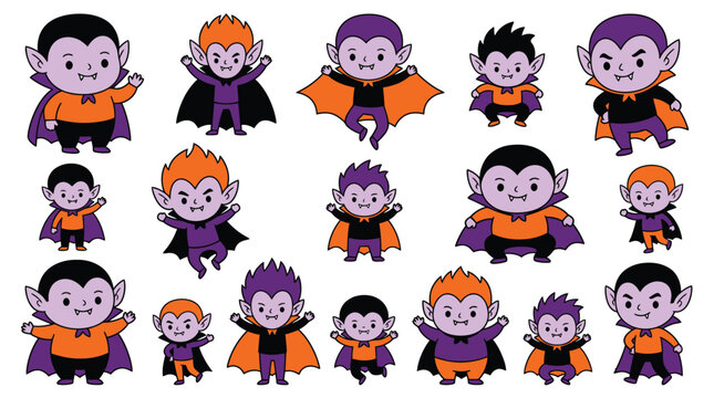 Halloween Cute Vampire Boy Vector Set with Dracula Character Poses