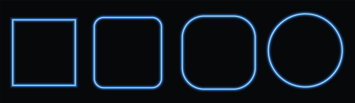 Neon frame set, glowing blue square frame, rounded square border, soft rounded  frame, neon glowing circle frame, bright blue light geometric outline badges on dark background.