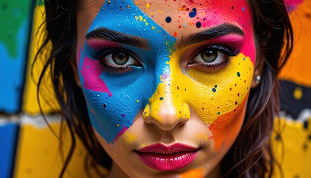 Colorful face painted woman portrait, modern urban makeup concept