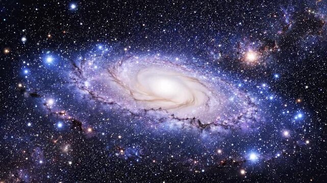 Spiral with star clusters rotating slowly in deep space during cosmic exploration with celestial nebula background