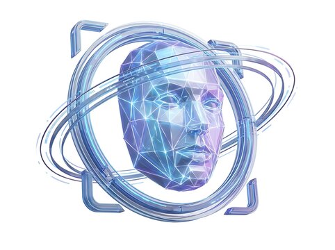 Glowing digital face head model with blue rotating futuristic energy rings