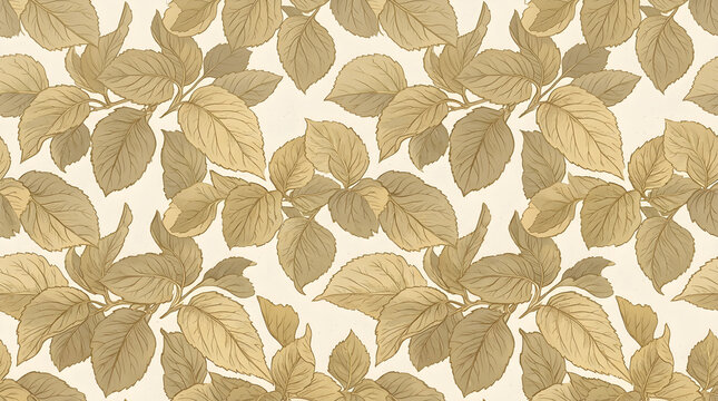 Flat seamless print pattern of overlapping quince leaves in soft dusty gold tones on fine grain paper texture background design ideal for notebook covers, journal design, and planners