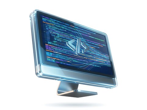 Glass monitor displaying vibrant colorful coding syntax and software development symbols