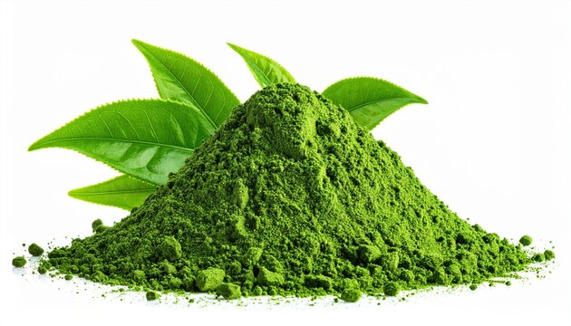 Heap of green matcha tea powder isolated on white background