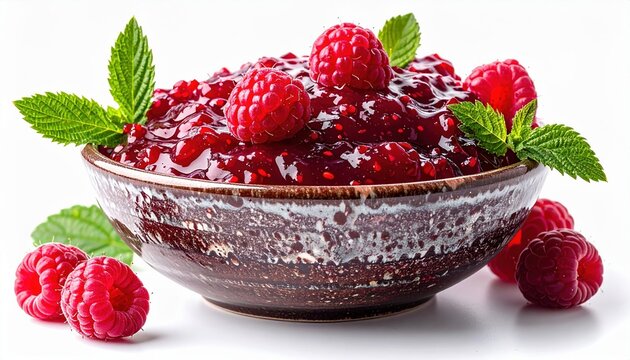 Bowl of raspberry jam isolated on white background, glossy homemade preserve