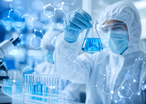 AI generated biotechnology laboratory research scientist examining blue chemical solution flask test tubes molecular structures advanced pharmaceutical science