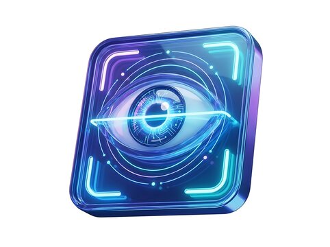 Glowing digital eye icon with blue light interface for security systems