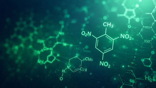 AI generated molecular chemistry research glowing chemical formulas organic structures representing pharmaceutical science biotechnology analysis scientific innovation