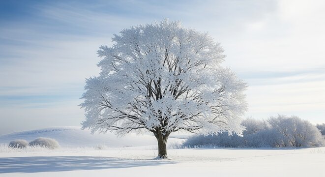 A frost-covered tree stands alone in a snowy winter landscape, its branches sparkling with ice crystals against a misty blue sky. Distant trees fade into the horizon, creating a serene winter scene.