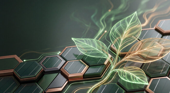 Abstract 3D rendering of glowing organic leaves interacting with futuristic hexagonal technology panels representing bioenergy and green innovation