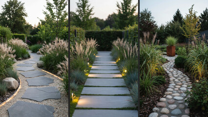 Obraz premium Garden pathways with stone pavers, decorative grasses, and lighting in three panel collage