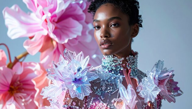 A futuristic fashion model wearing floral crystal clothing, high fashion concept