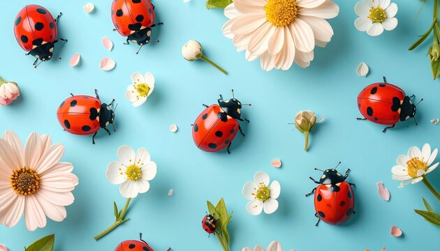 Ladybug spring pattern on pastel blue background, cute seasonal design