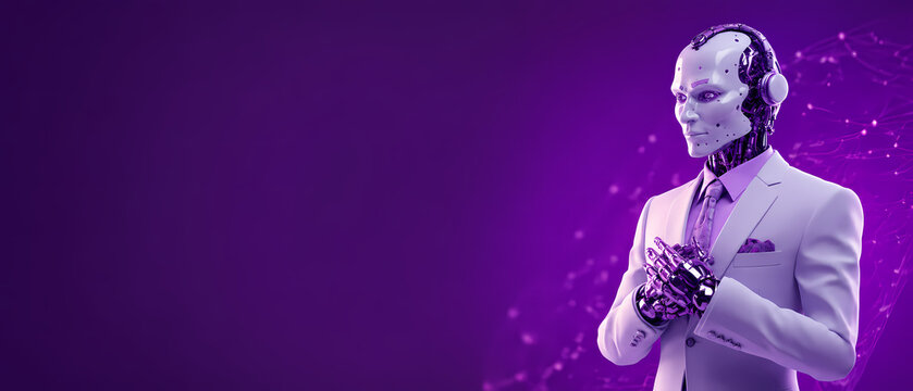 Elegant humanoid robot in a white business suit clasping its hands as glowing purple particles surround its figure against a dark gradient background, conveying artificial intelligence and corporate i