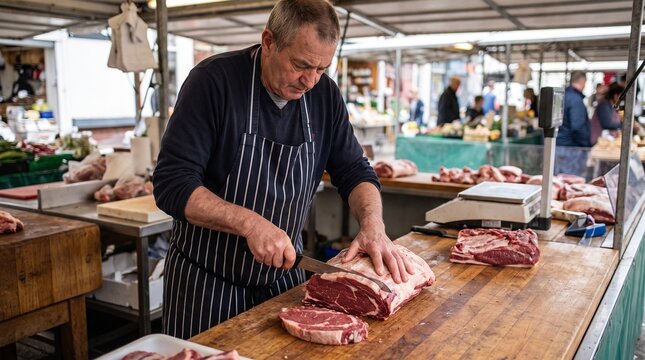 Butcher slicing raw meat at a market stall.