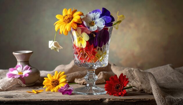 A crystal glass filled with colorful flowers instead of liquid, elegant still life