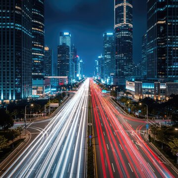 Dramatic aerial hyperlapse of a wide urban boulevard at night, framed by glowing skyscrapers and fluid streaks of vibrant traffic lights, infrastructure, drone, urban