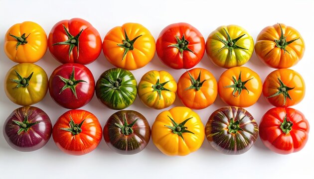 Assorted colorful fresh tomatoes isolated on white background, heirloom vegetables, vibrant food styling