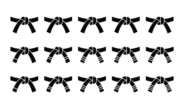 Vector illustration of set of black martial arts belts with different stripes on a transparent background