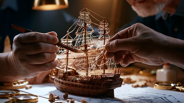 Middle-aged man carefully assembling a vintage wooden ship model
