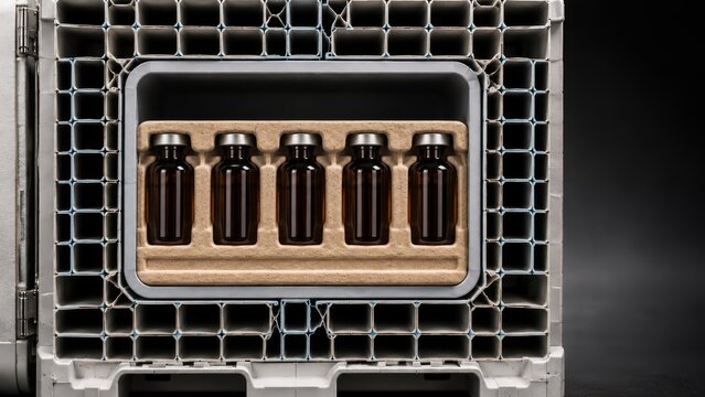 Sustainable Cellulose Fiber Packaging Insert Protecting Pharmaceutical Vials in Structural Grid