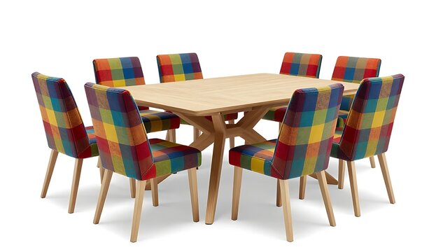 Modern wooden dining table surrounded by eight stylish chairs upholstered in colorful multi-colored plaid fabric isolated on a clean white background interior design
