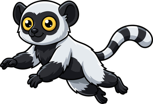 Cartoon ring-tailed lemur jumping with striped tail, cute animal character in motion, vector illustration