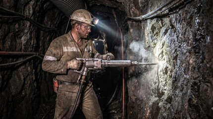 Fototapeta premium Miner operating a jackhammer in a dark underground mine shaft.