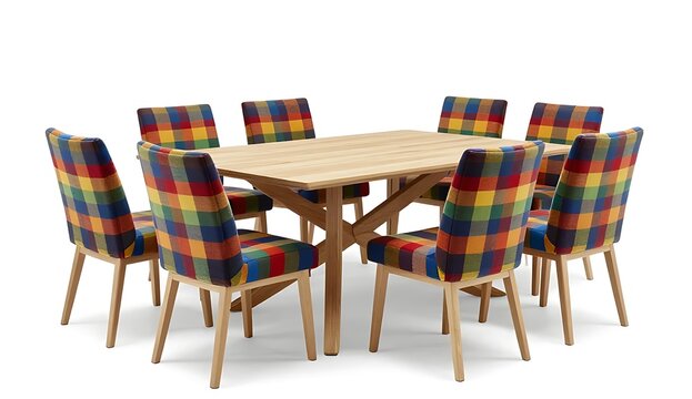 Modern wooden dining table surrounded by eight stylish chairs upholstered in colorful multi-colored plaid fabric isolated on a clean white background interior design