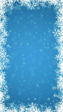 Blue Christmas Snowflake and Glitter Stars Border Frame animation, Winter Holiday Border with Falling Snow for New Year Celebration and Sale Stream Videos Vertical Social media Motion background