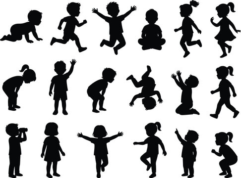 Silhouette collection of children in various active poses including playing, running, jumping, and sitting on a white background for