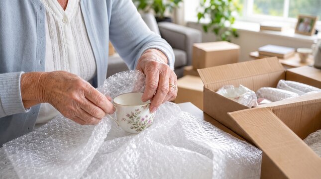Senior Woman Packing Delicate Floral China Teacup Into Protective Bubble Wrap At Home, Moving To New Residence