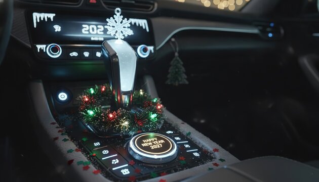 Car interior decorated for New Year with festive wreath, colorful lights, and snowflake ornament on gear shift, digital display showing 2023 in background